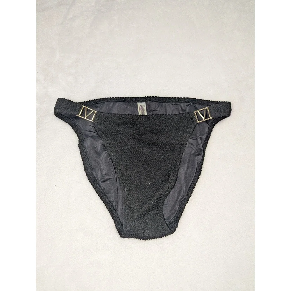 Victoria's Secret Black Smocked‎ Bikini Bottom Gold V Hardware L-XL